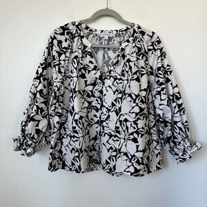Evereve Floral Split Neck Long Sleeve Popover Top Ruffle White Black Women Large